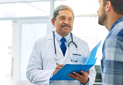 Buy stock photo Senior doctor, man patient and results with medical consultation and discussion in clinic. Hospital, wellness consulting and health insurance checklist of a healthcare and professional talking