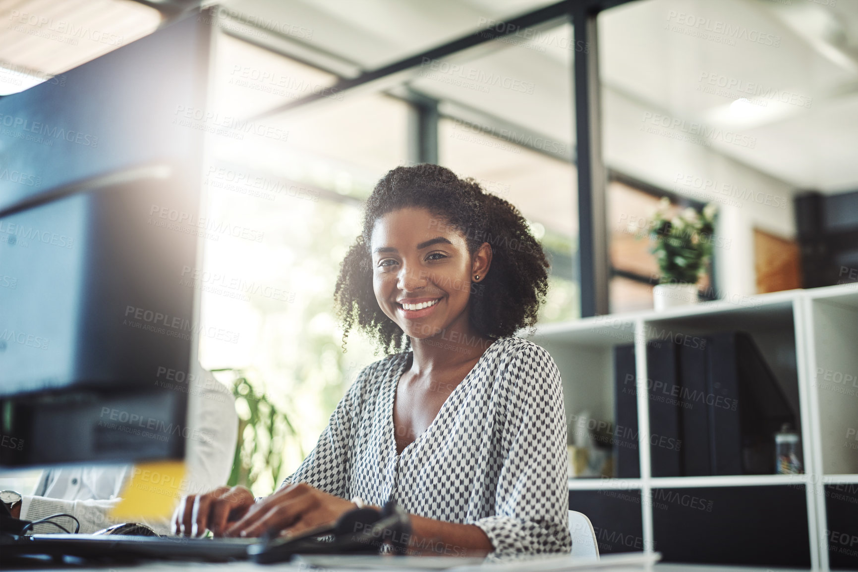 Buy stock photo Black woman, computer and portrait for report in office, accountant and online for investment revenue. Person, financial advisor and plan for company budget in workplace, typing and email tasks