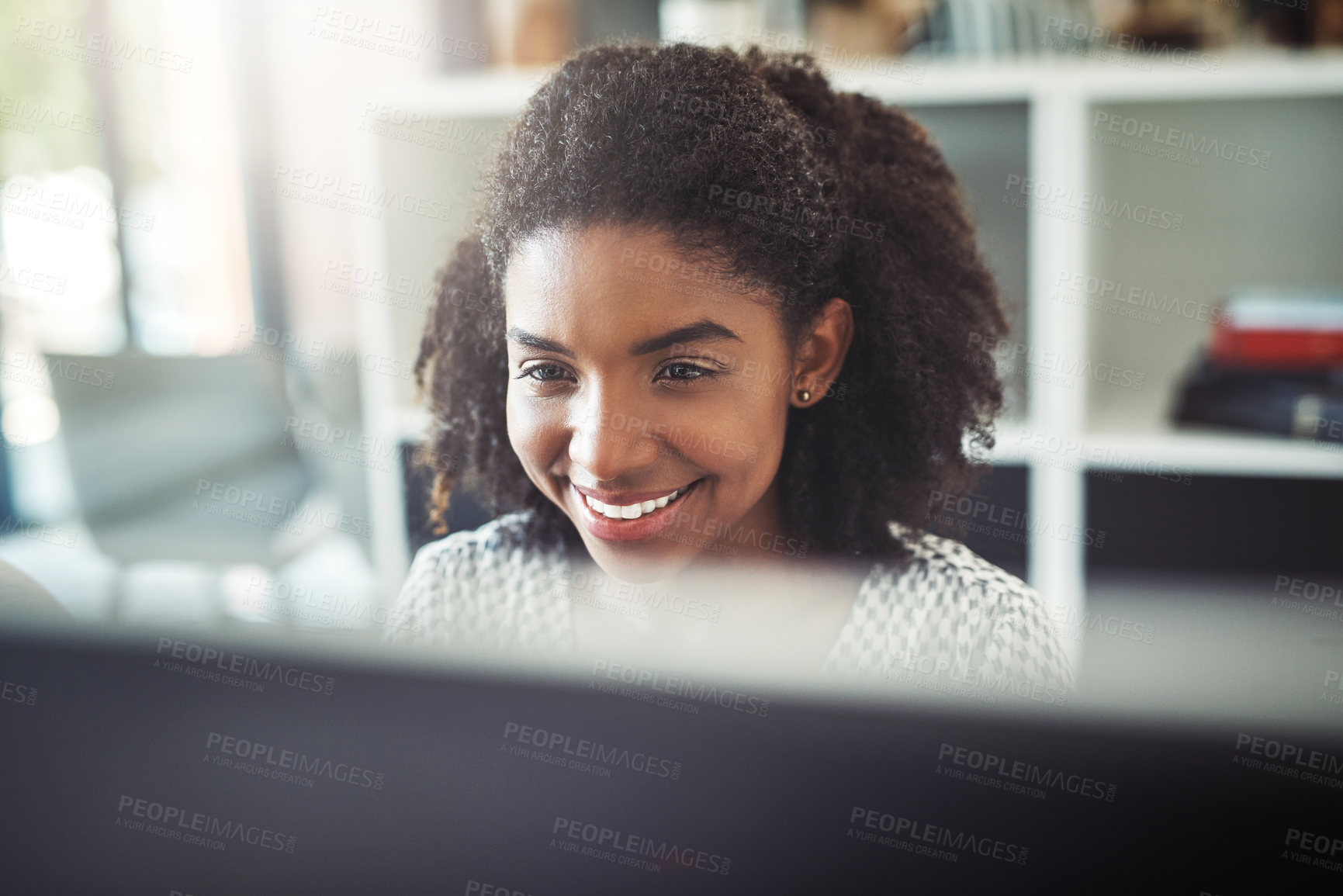 Buy stock photo Black woman, computer and thinking on finance in office, accountant and online for investment revenue. Person, financial advisor and plan for company budget in workplace, brainstorming and solution