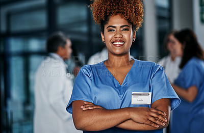 Buy stock photo Portrait of a confident young doctor working in a hospital with her colleagues in the background