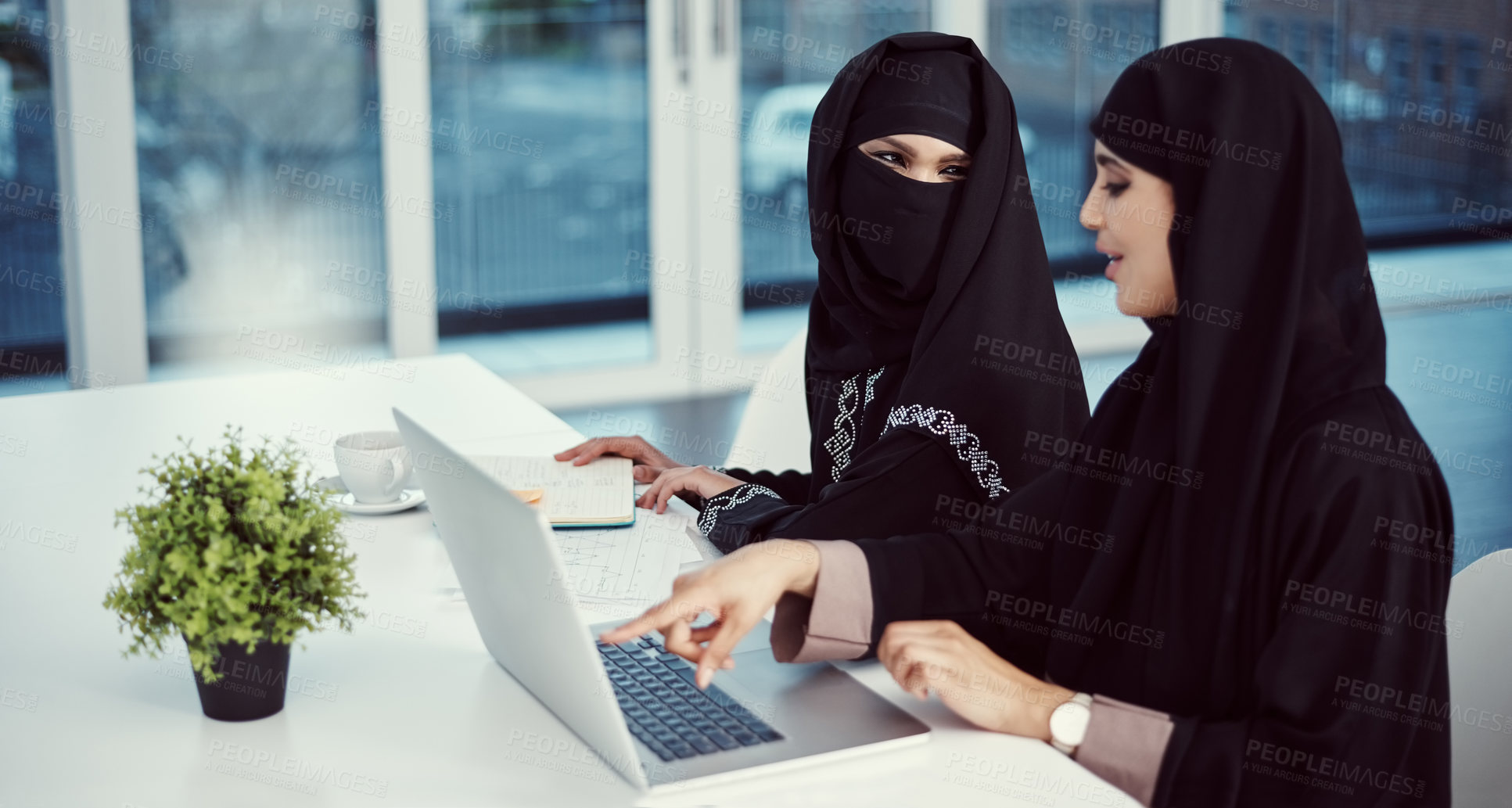 Buy stock photo Islamic, business and people with laptop in office for research, training and proofreading article. Muslim, women and talking with pc for copywriting, editing advice and guidance of story publication