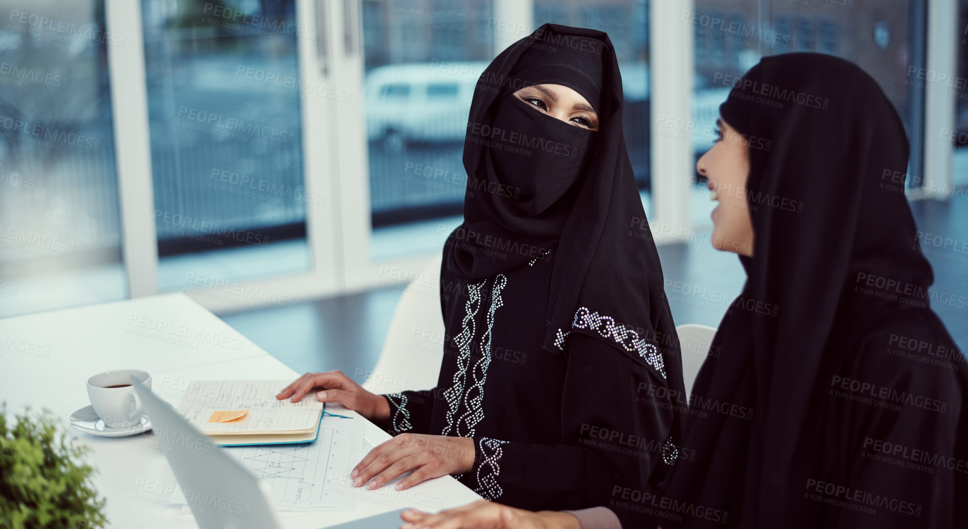 Buy stock photo Laptop, happy and business with muslim women in office for planning, account manager and middle east advisor. Online report, networking and company revenue with employee for ambassador in Qatar
