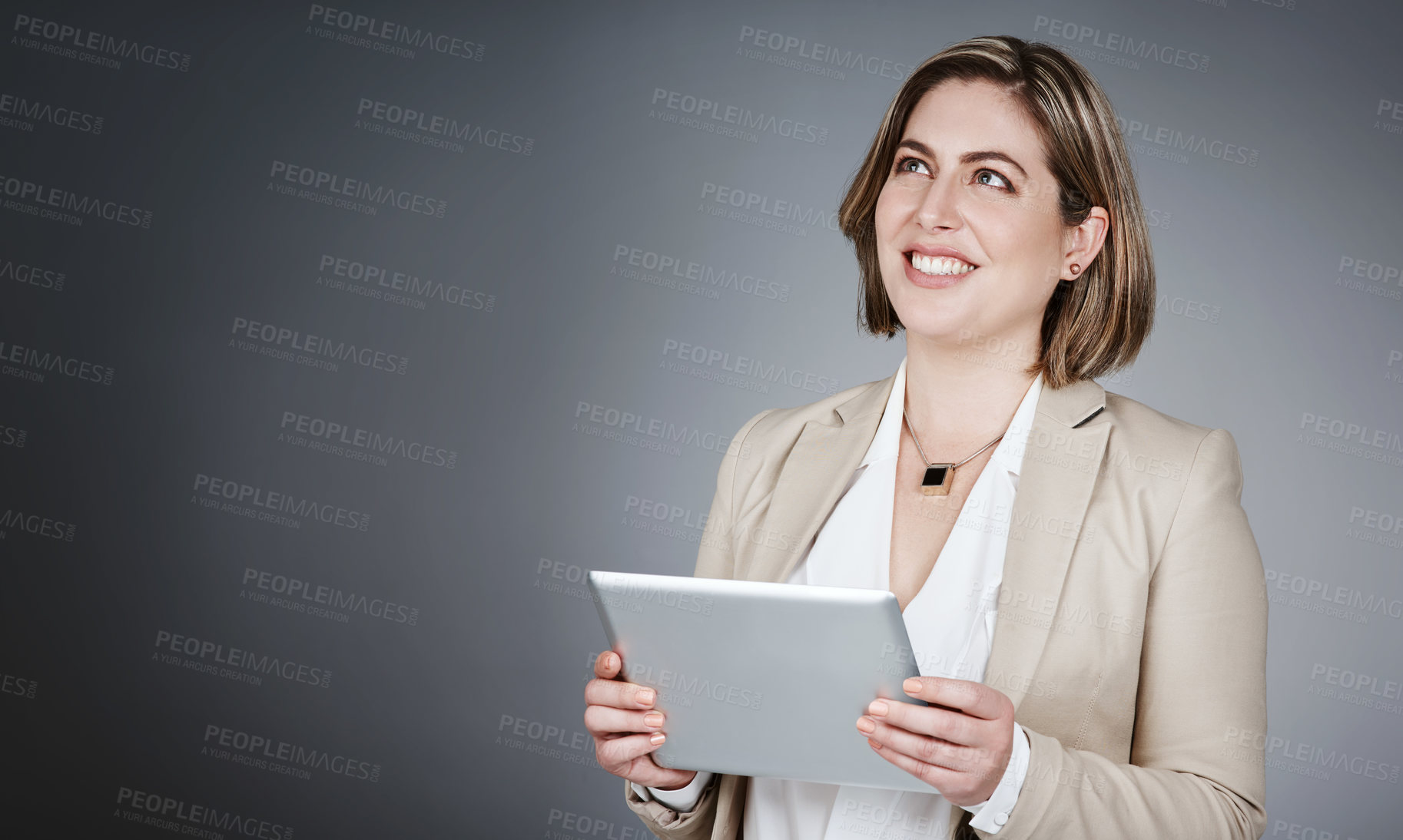 Buy stock photo Business woman, thinking and tablet in studio with smile for legal research, case proposal and space. Female person, tech and lawyer for insight, reflection and idea on gray background mockup