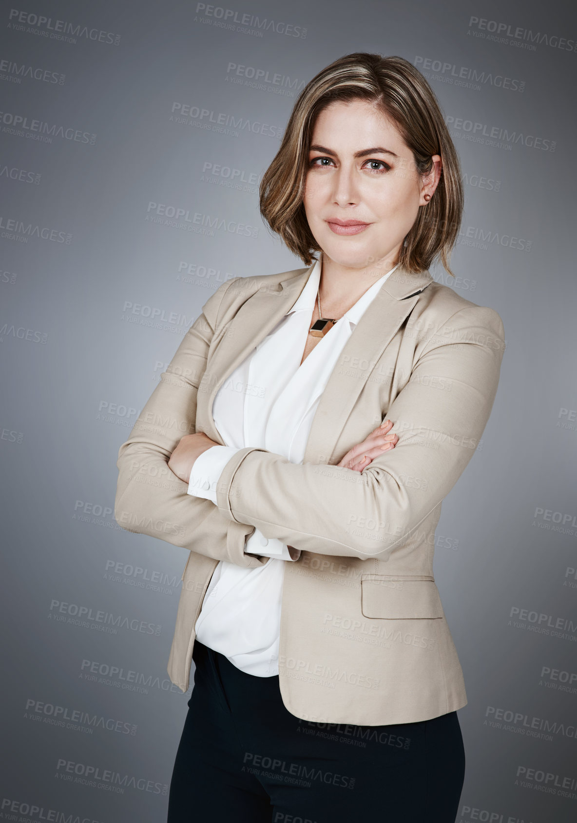 Buy stock photo Business, woman or arms crossed in studio portrait for legal advice, litigation management or growth. Lawyer, employee and pride on gray background for career integrity, about us and judicial justice