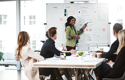 Buy stock photo Presentation, group and business woman on whiteboard for  brainstorming creative ideas for inclusion. Team, meeting and happy manager on board for discussion, strategy and graphic design at startup