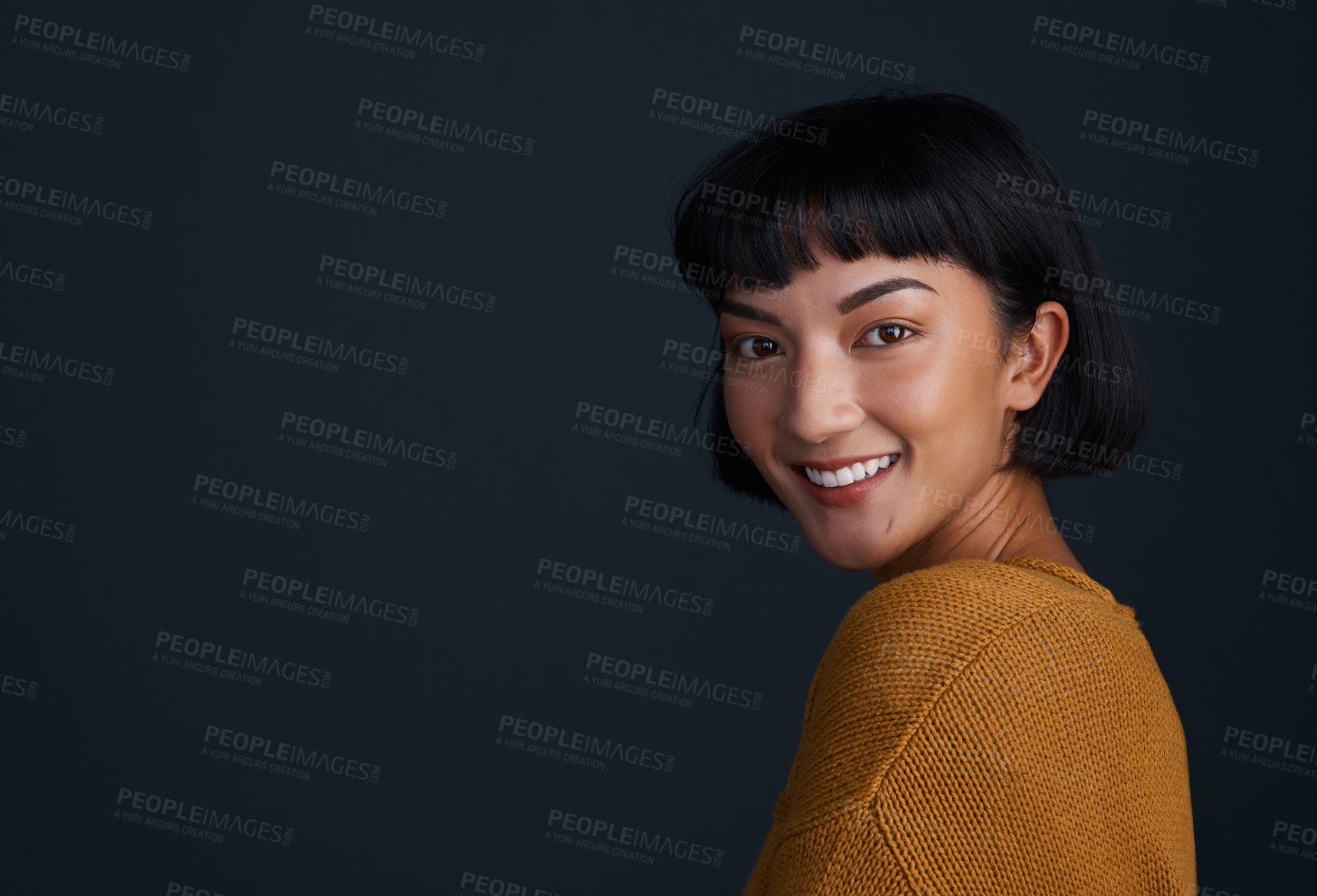 Buy stock photo Portrait, hairstylist and smile of woman in studio for hair care isolated on black background mockup space. Face, happy girl and confident hairdresser at salon for beauty cosmetics or makeup in Italy