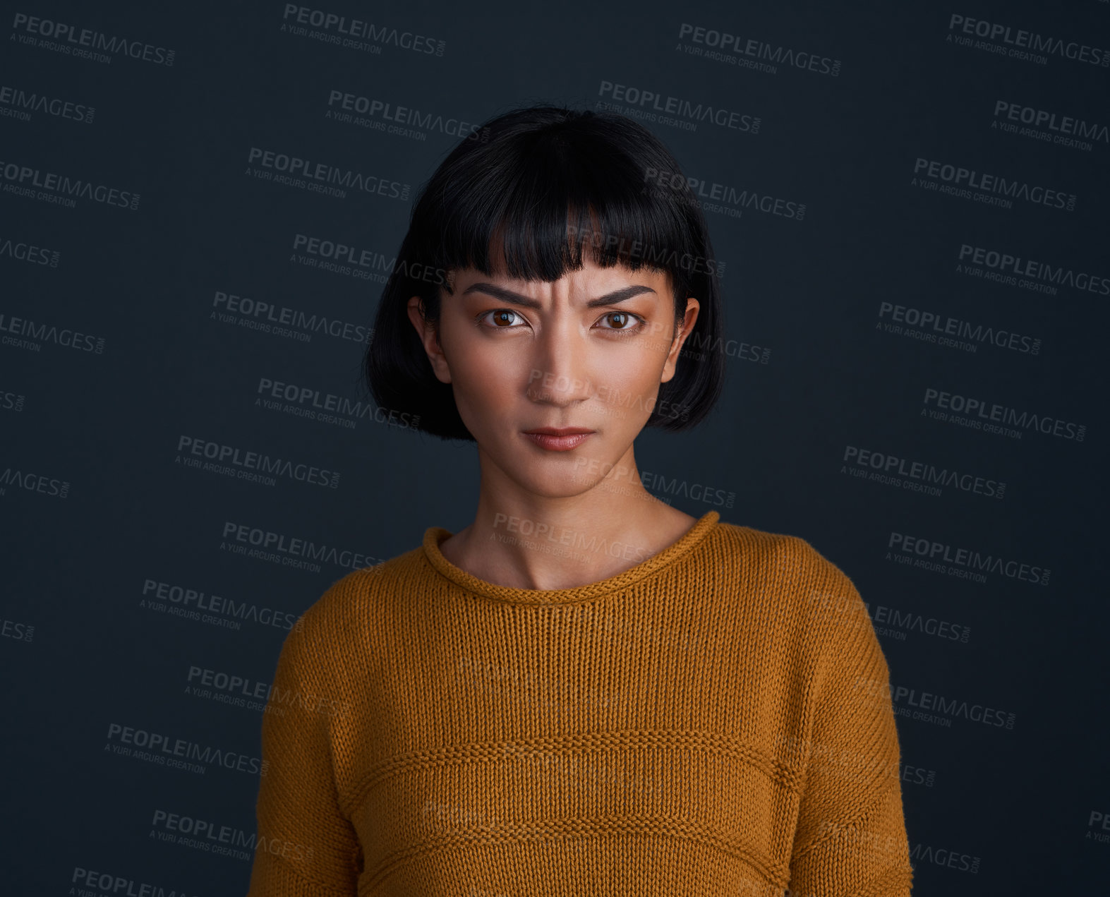 Buy stock photo Anger, annoyed and frustration with portrait of asian woman on dark background for emotional expression. Face, frown and upset with unhappy person in studio for reaction to conflict or disagreement
