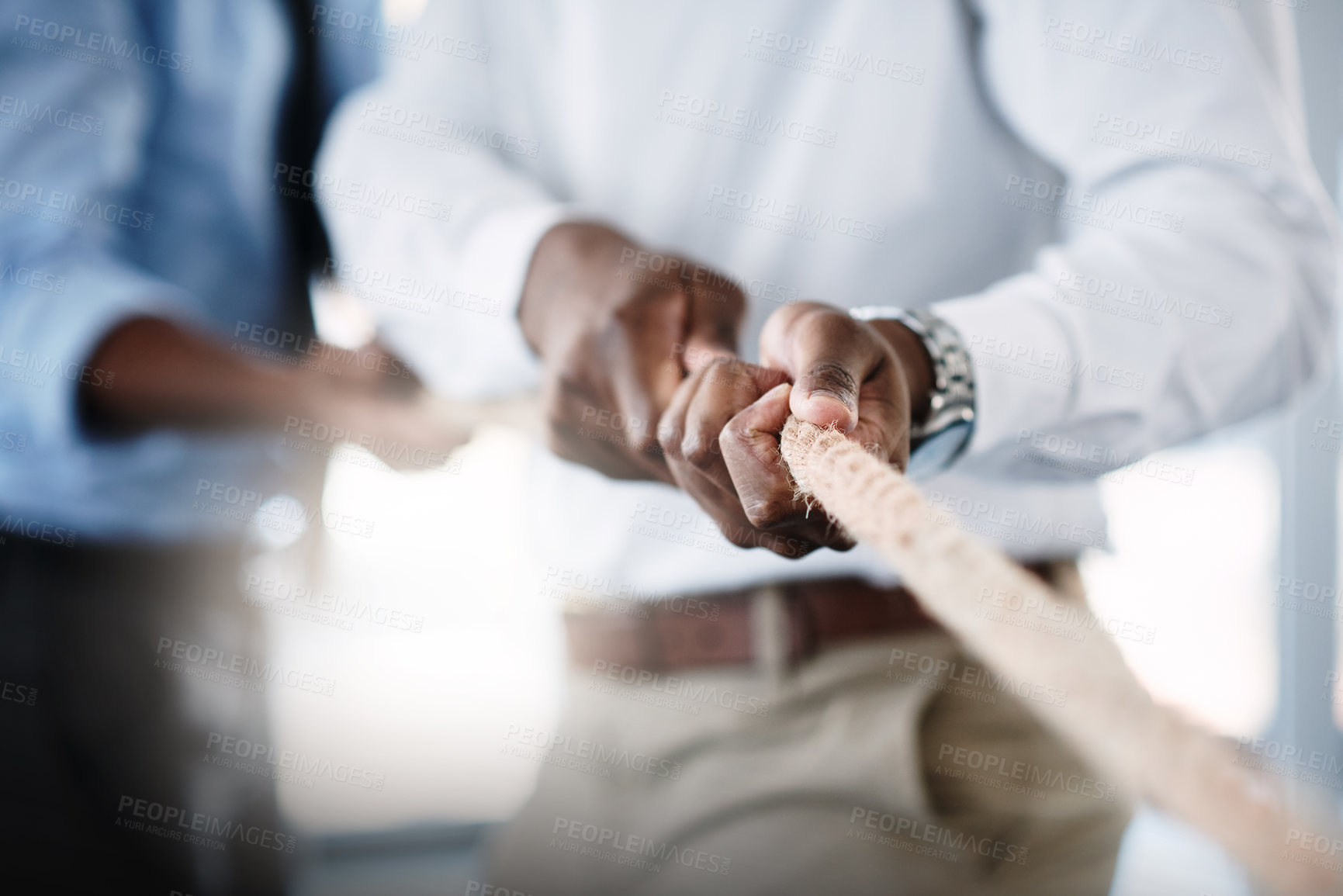 Buy stock photo Hands, rope and tug of war with teamwork for business people, game or competition with solidarity for mission. Contest, link and pulling together for support, trust or challenge for synergy in office