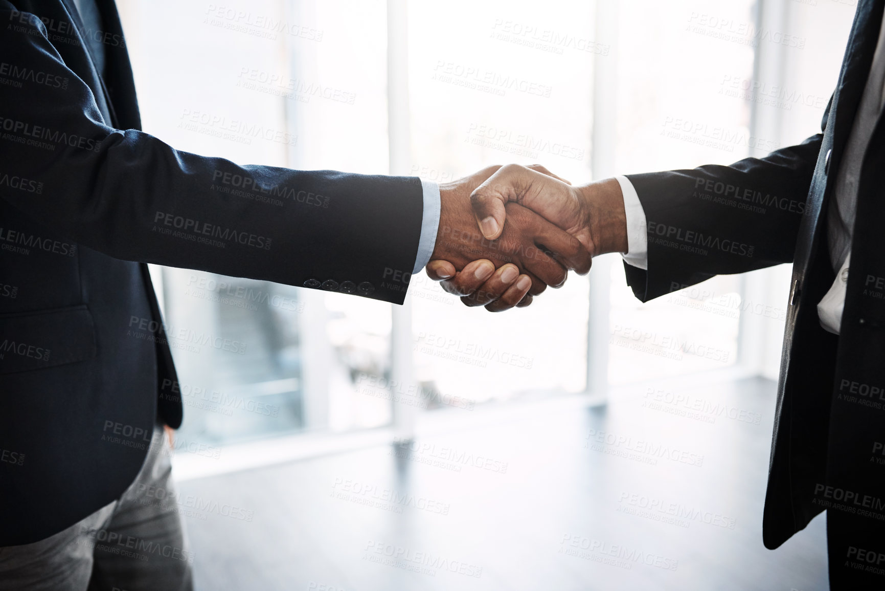 Buy stock photo Handshake, collaboration and hands of business people in office for partnership, contract deal and agreement. Corporate lawyer, greeting and men shaking hand for thank you, welcome and negotiation