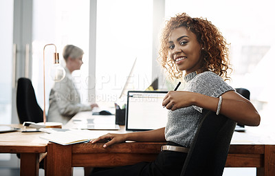 Buy stock photo Portrait, research and laptop screen with business woman in office for planning, creative and communication. Internet, proposal and email with female employee for professional, connection and startup