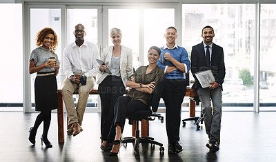 Buy stock photo Diversity, smile and portrait of business people in office for support, community and happy. Teamwork, collaboration and solidarity with group of employees for mission, commitment and mindset
