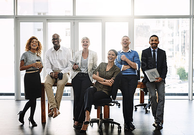 Buy stock photo Laugh, support and portrait of business people in office for diversity, community and happy. Smile, collaboration and solidarity with group of employees for mission, commitment and mindset