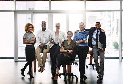 Buy stock photo Happy, support and portrait of business people in office for diversity, community and teamwork. Smile, collaboration and solidarity with group of employees for mission, commitment and mindset