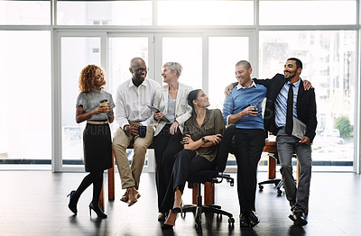 Buy stock photo Teamwork, support and happy with business people in office for diversity, community and motivation. Smile, collaboration and solidarity with group of employees for mission, commitment and mindset