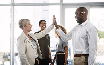 Buy stock photo High five, support and motivation with business people in office for success, winner and agreement. Partnership, goals and target with group of employees for teamwork, collaboration and solidarity