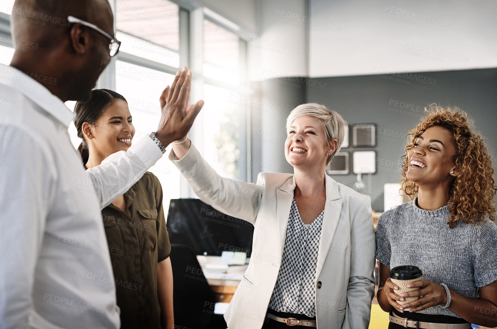 Buy stock photo High five, winner and target with business people in office for success, motivation and agreement. Support, goals and leader with group of employees for teamwork, collaboration and solidarity