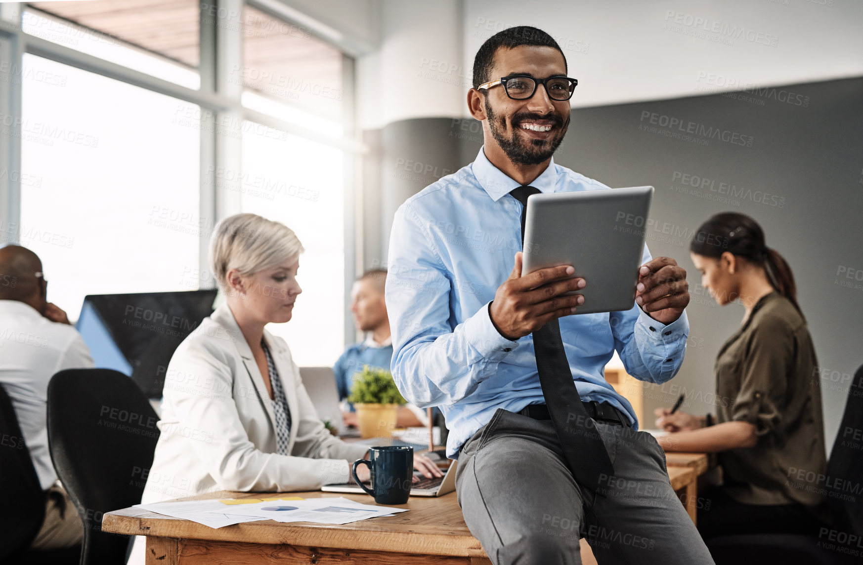 Buy stock photo Businessman, thinking and smile on tablet in office for corporate research, company website and communication. Professional, coworkers or digital tech at work for email feedback or online information