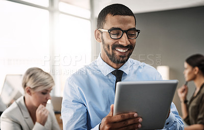 Buy stock photo Man, tablet and happy with thinking in office, meeting or reading for progress, solution or notes on app. Person, analyst and digital touchscreen for stats, info or editing report at insurance agency