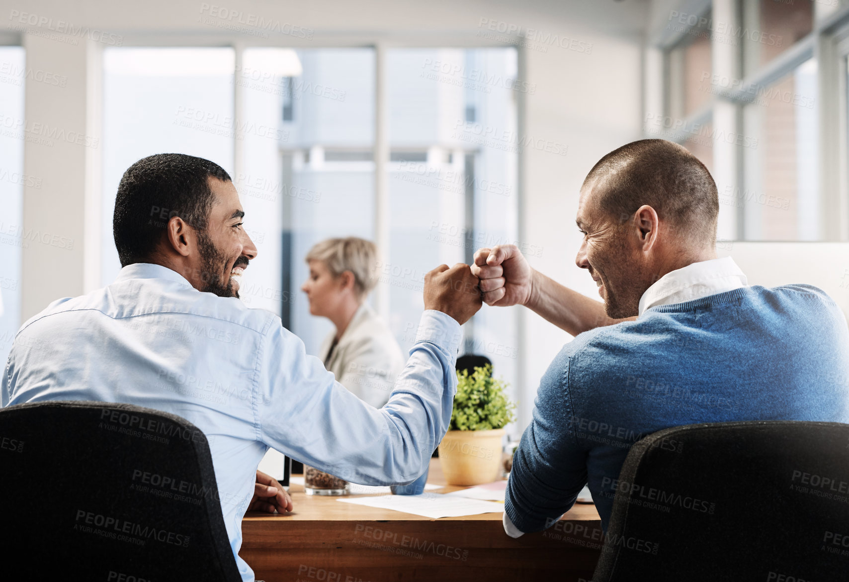 Buy stock photo Fist bump, celebration and friends for teamwork, partnership and team building mission, goal and target. Businessmen, excited hand sign and collaboration, b2b success and corporate startup deal