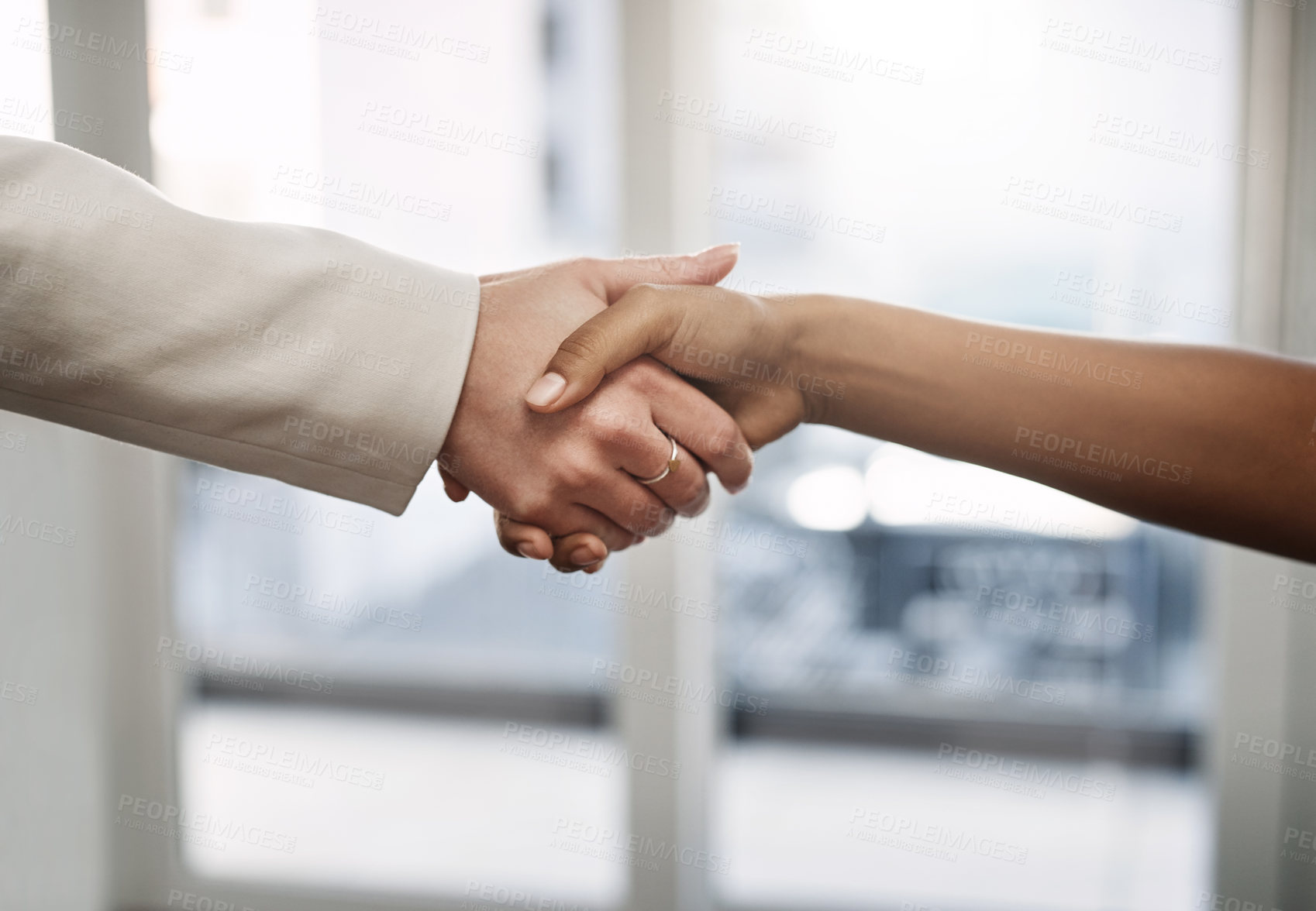 Buy stock photo Handshake, agreement and hands of business people in office for partnership, collaboration and success. Corporate team, recruitment and and women shaking hand for thank you, welcome and onboarding