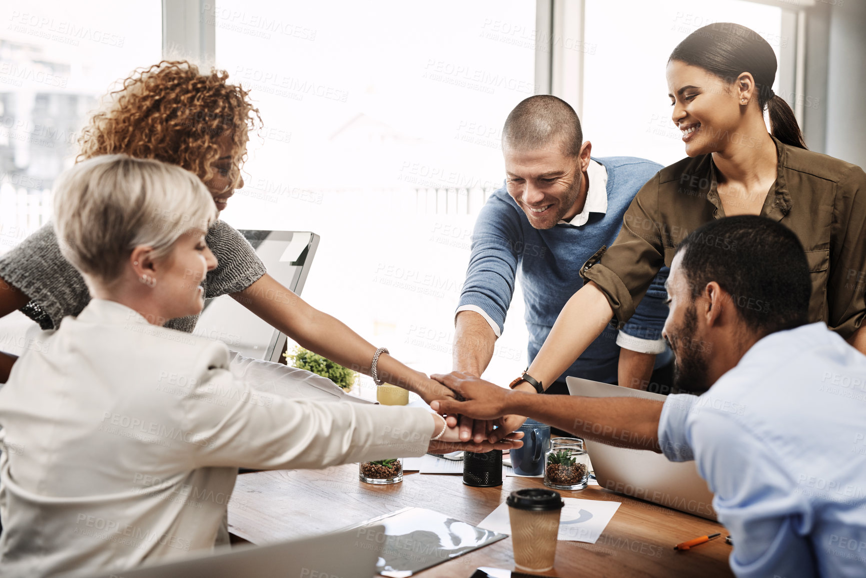 Buy stock photo Teamwork, partnership and pile of hands with office, business people and law firm for support. Team building, group and legal consultant for goal, help or mission target for corporate attorney