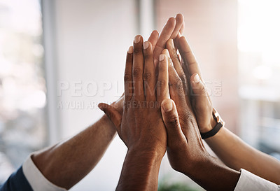 Buy stock photo High five, hands and motivation with business people in office for success, winner and agreement. Support, goals and target with closeup of employees for teamwork, collaboration and solidarity