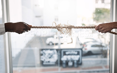 Buy stock photo Business people, hands and pulling rope in challenge for power, professional competition or break in inequality. Tug of war, employees and opposition for leadership with struggle and battle in office