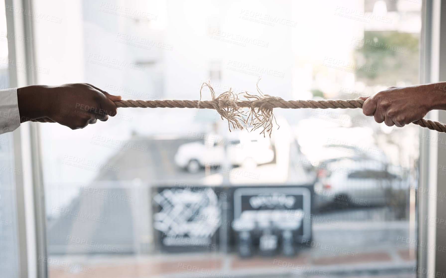 Buy stock photo Business people, hands and pulling rope in challenge for power, professional competition or break in inequality. Tug of war, employees and opposition for leadership with struggle and battle in office