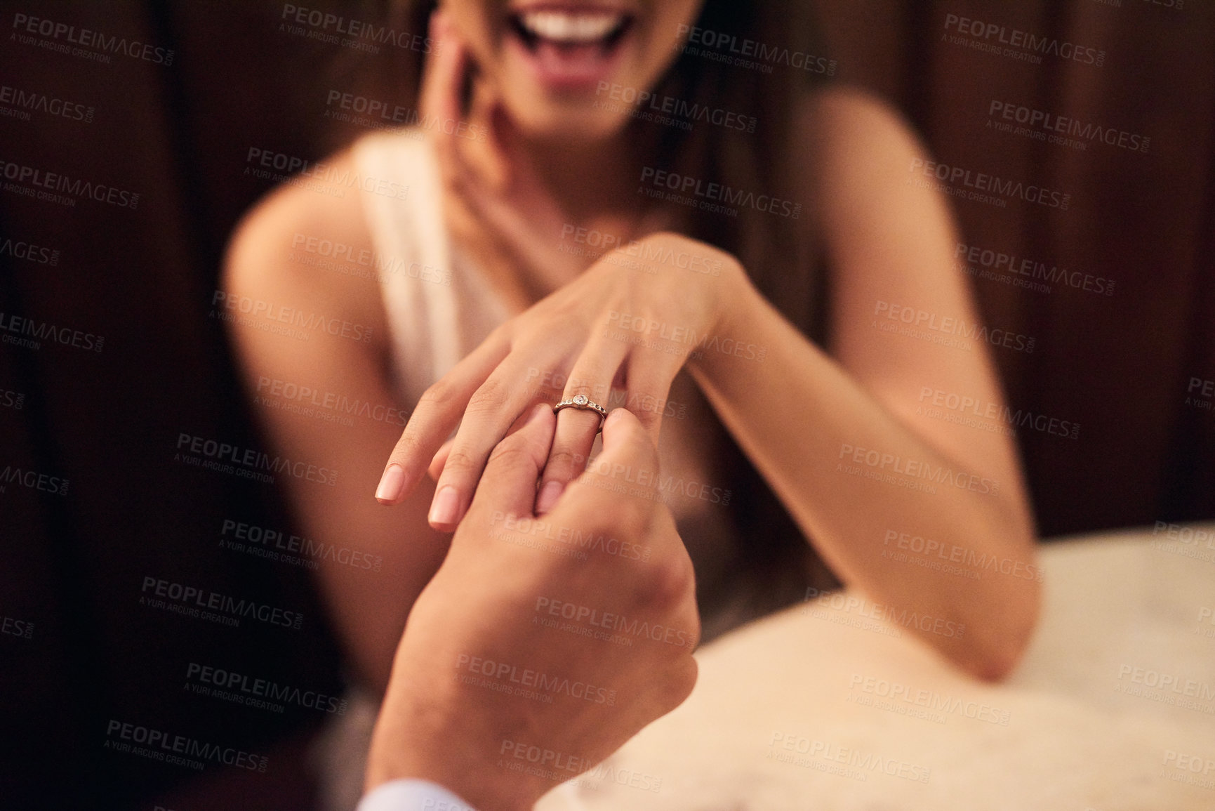 Buy stock photo Love, engagement and couple hands with ring for proposal celebration, wedding and romance surprise. Valentines day, happy and man with diamond jewelry for girl for save the date, commitment and trust