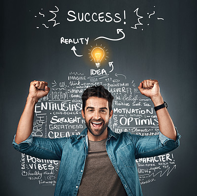 Buy stock photo Light bulb, success or happy man in celebration of ideas text or goals of innovation on studio background. Motivation, graphic or excited person with positive mindset, problem solving or solution