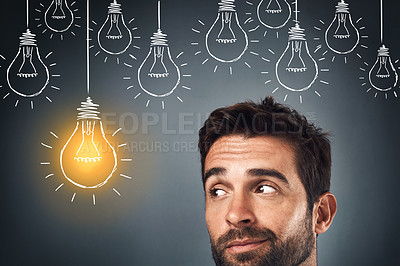 Buy stock photo Lightbulb, man or thinking of ideas, vision or goals of innovation in studio on grey background. Businessman, graphic or thoughtful person with insight on entrepreneurship problem solving or solution