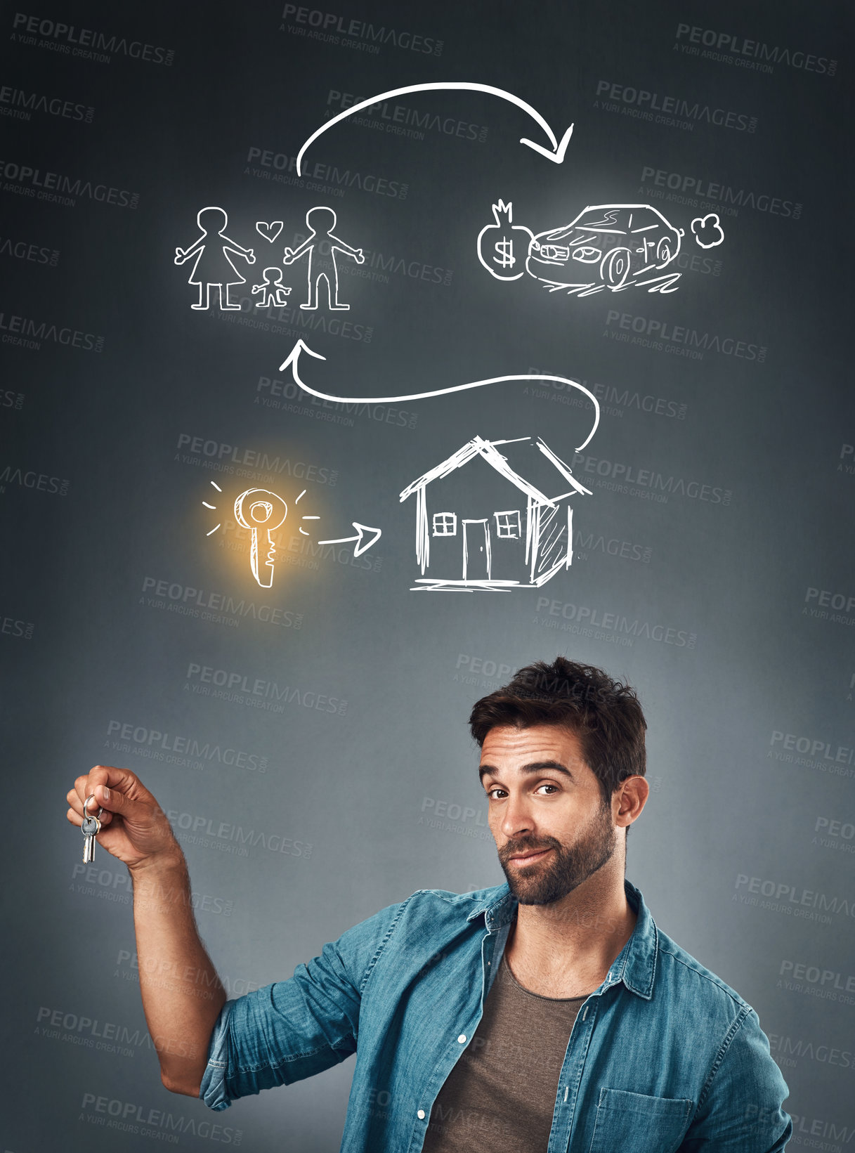 Buy stock photo Portrait, man or keys in real estate, goal or confident of future, finance or house on studio mockup. Guy, idea or proud of personal, growth or motivation to succeed at dream financial security