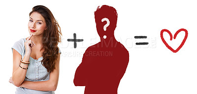 Buy stock photo Portrait of an attractive young woman standing against a white background displaying vector images of the concept of dating and matchmaking