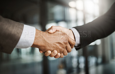 Buy stock photo Business men in handshake hand showing success, support and trust through sign and symbol. Closeup fingers of office executives making deal and approving or welcoming, greeting and promoting