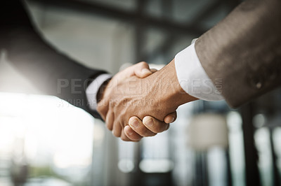 Buy stock photo A professional handshake after an interview meeting for a successful company in a modern corporate office. Formal executive businessman shaking customers hand after a contract deal agreement together