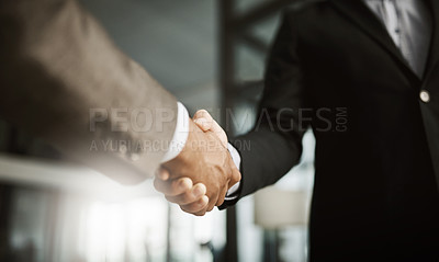 Buy stock photo Handshake hand gesture showing success, support and trust. Closeup fingers of executive office business men making a deal, agreeing and approving or welcoming, greeting and promoting