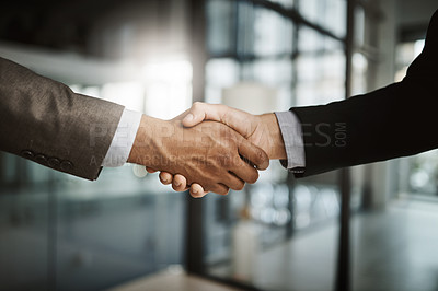 Buy stock photo Handshake, collaboration and businessmen celebrating and congratulating on success for a sealed deal. HR manager hiring employee after successful interview. Hands of partners shaking on agreement.