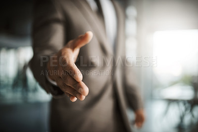 Buy stock photo Closeup of professional executive businessman reaching for handshake to thank you for formal interview meeting. Corporate company manager hiring new employee in leadership development   