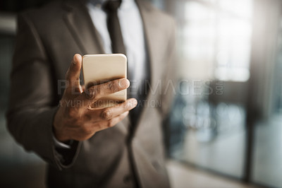 Buy stock photo Hands, business and man on smartphone in office for communication, networking and connection. Person, internet and online on news website for updates, report and economy with mobile app and message