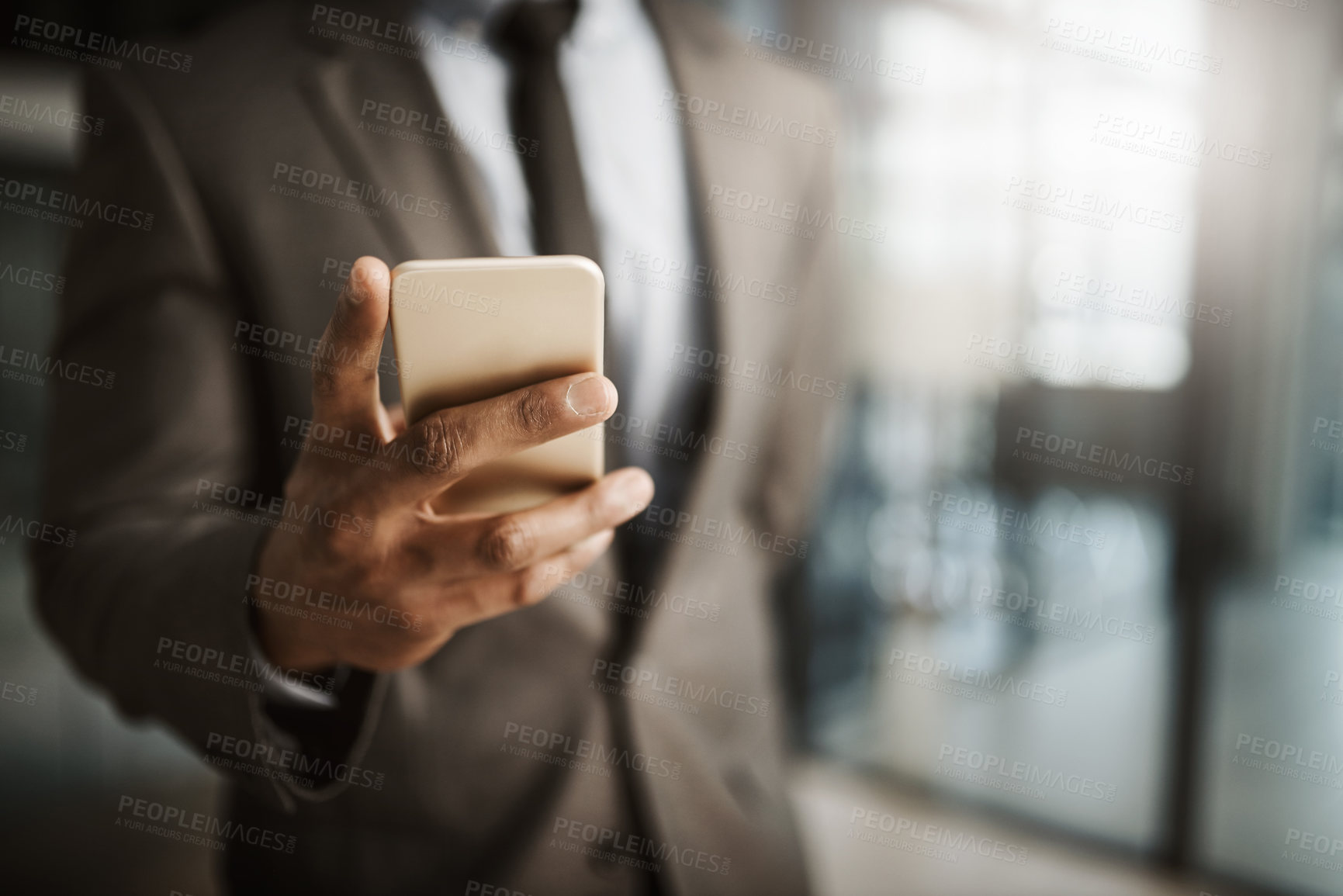 Buy stock photo Hands, business and man on smartphone in office for communication, networking and connection. Person, internet and online on news website for updates, report and economy with mobile app and message