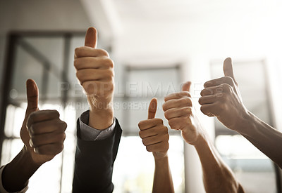 Buy stock photo Teamwork, collaboration and thumbs up sign from diverse businesspeople approving and endorsing positive message. Closeup hands of a multiracial team recommend and showing support for good service 
