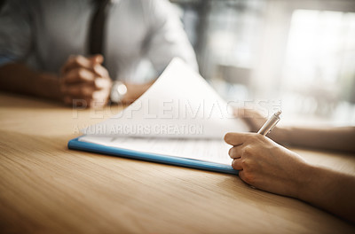 Buy stock photo Business, hands and people with signature in office for insurance or life policy agreement. Deal, document and paperwork or contract for legal approval with terms and conditions and application