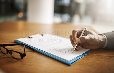 Buy stock photo Lawyer hand showing paperwork for signing, agreement contract and settlement offer in law firm office. Closeup of legal advisor, attorney and paralegal pointing with pen to accept or close court case
