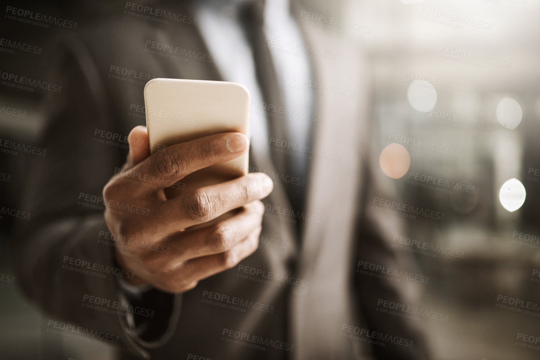 Buy stock photo Hands, businessman and smartphone in office for communication, networking and connection. Person, internet and online on news website for updates, report and economy with mobile app and texting