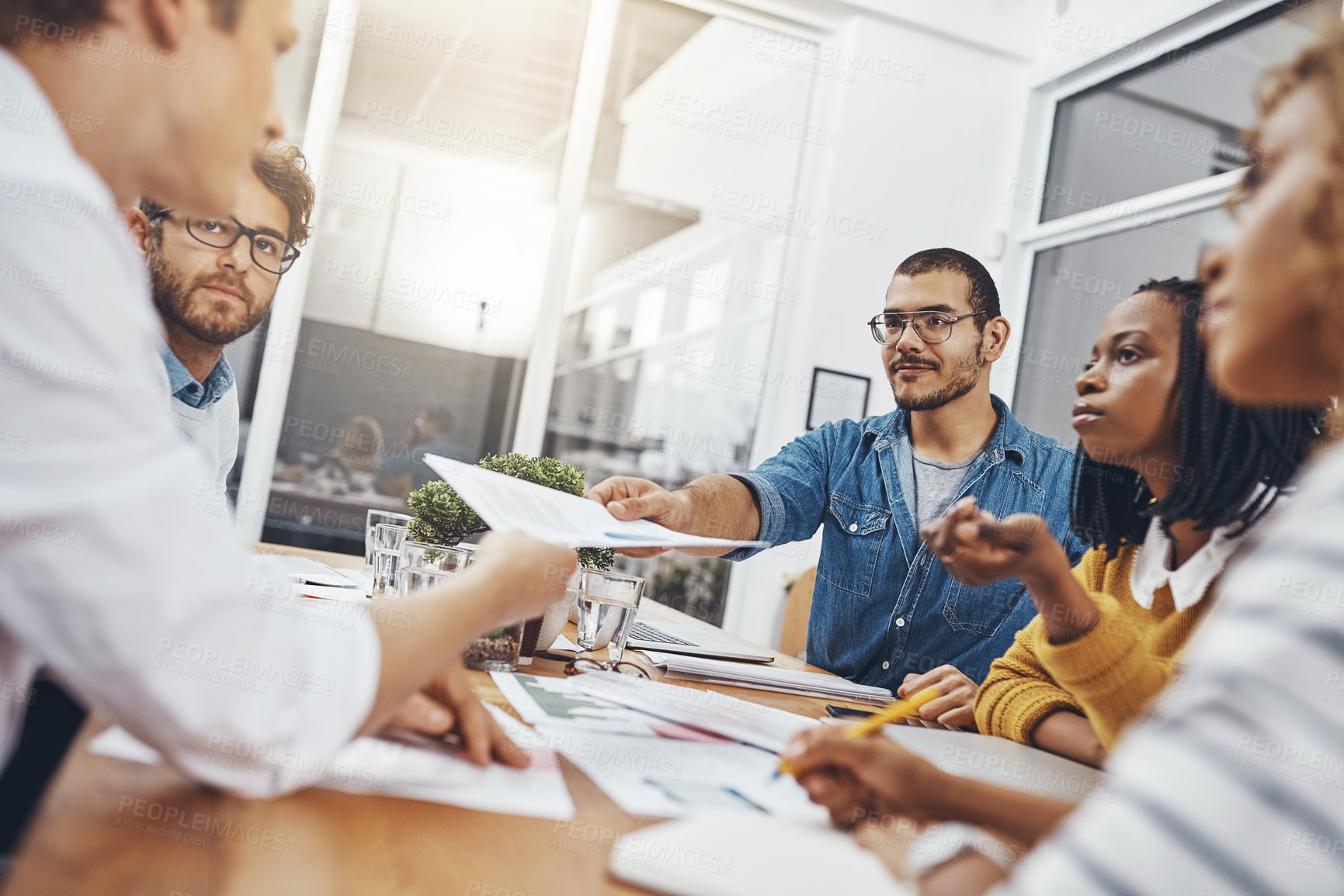 Buy stock photo People, brainstorming and paperwork for workshop, discussion and business meeting in office. Team, employees and working with documents, support and cooperation for collaboration, project and career