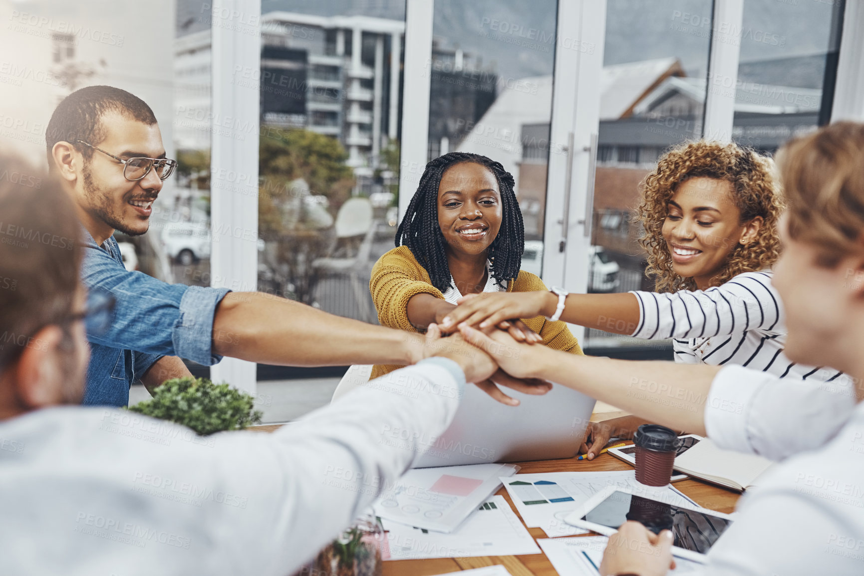 Buy stock photo People, support and hands together for team building, company and business meeting in office. Group, employees and happy for diversity, project and cooperation for collaboration, creativity or career