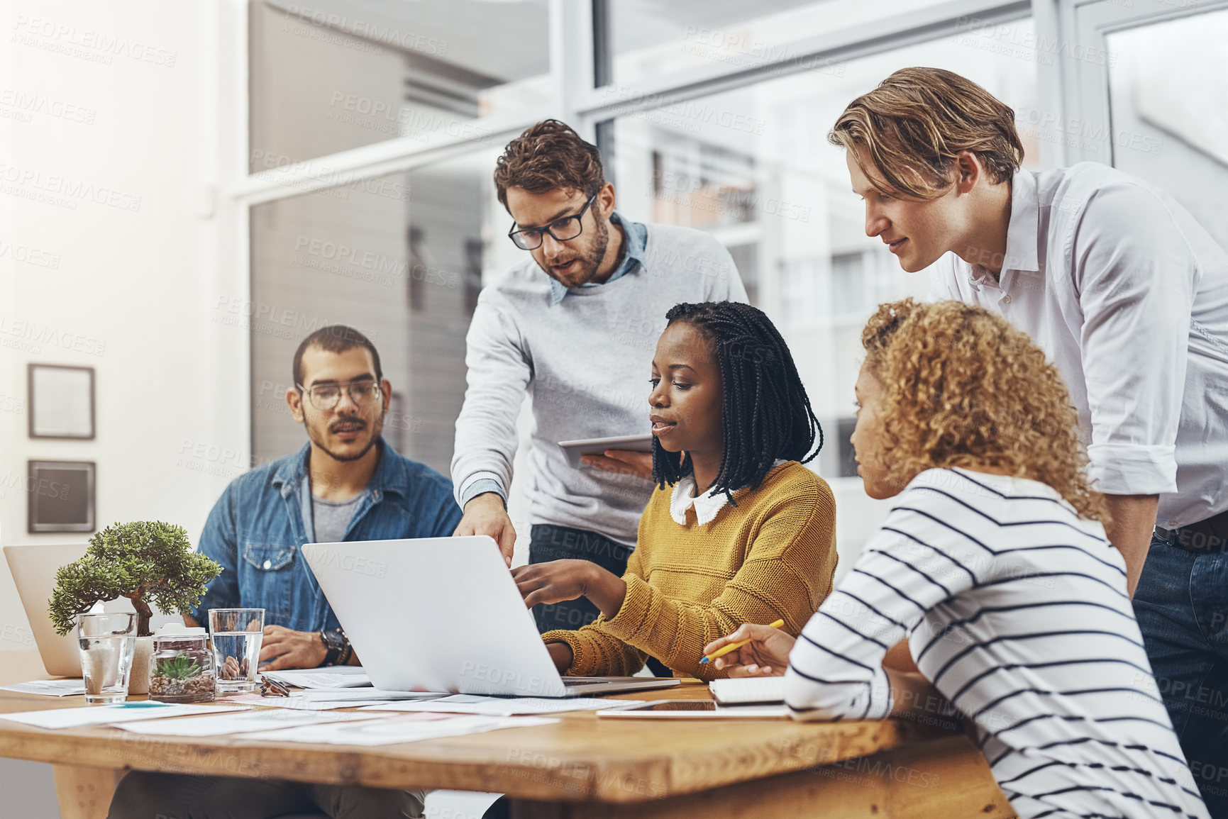 Buy stock photo Group, people and meeting on laptop in office with online research, brainstorming and feedback of proposal. Teamwork, digital and review budget for kpi report, profit growth and project management