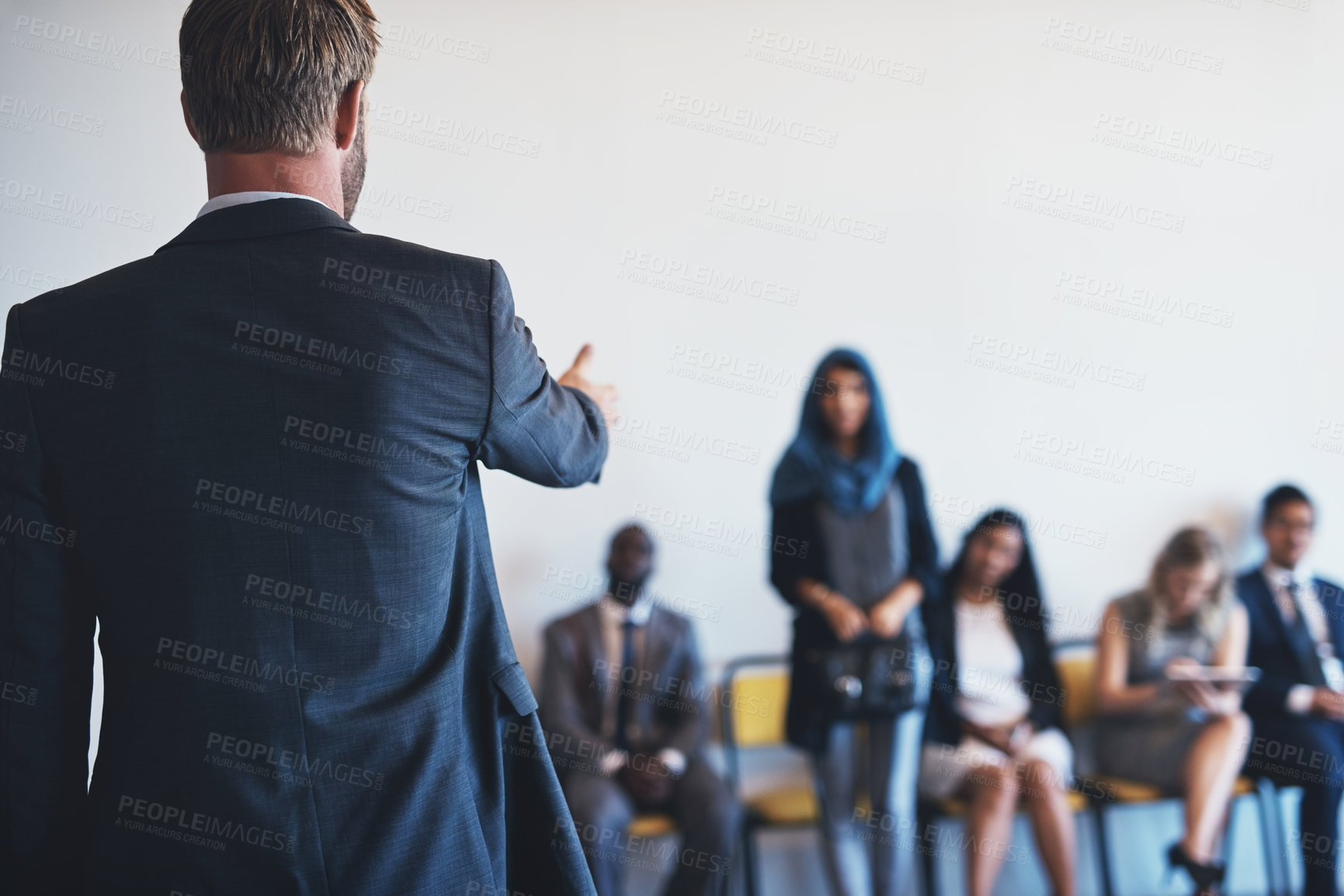 Buy stock photo Employer, hand and choice for interview, business and selection of person in waiting room and line. Office, HR and employee with respect for applicant, hiring and group in row for recruitment