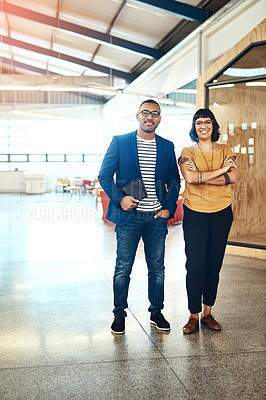 Buy stock photo Portrait of two designers standing together in an office