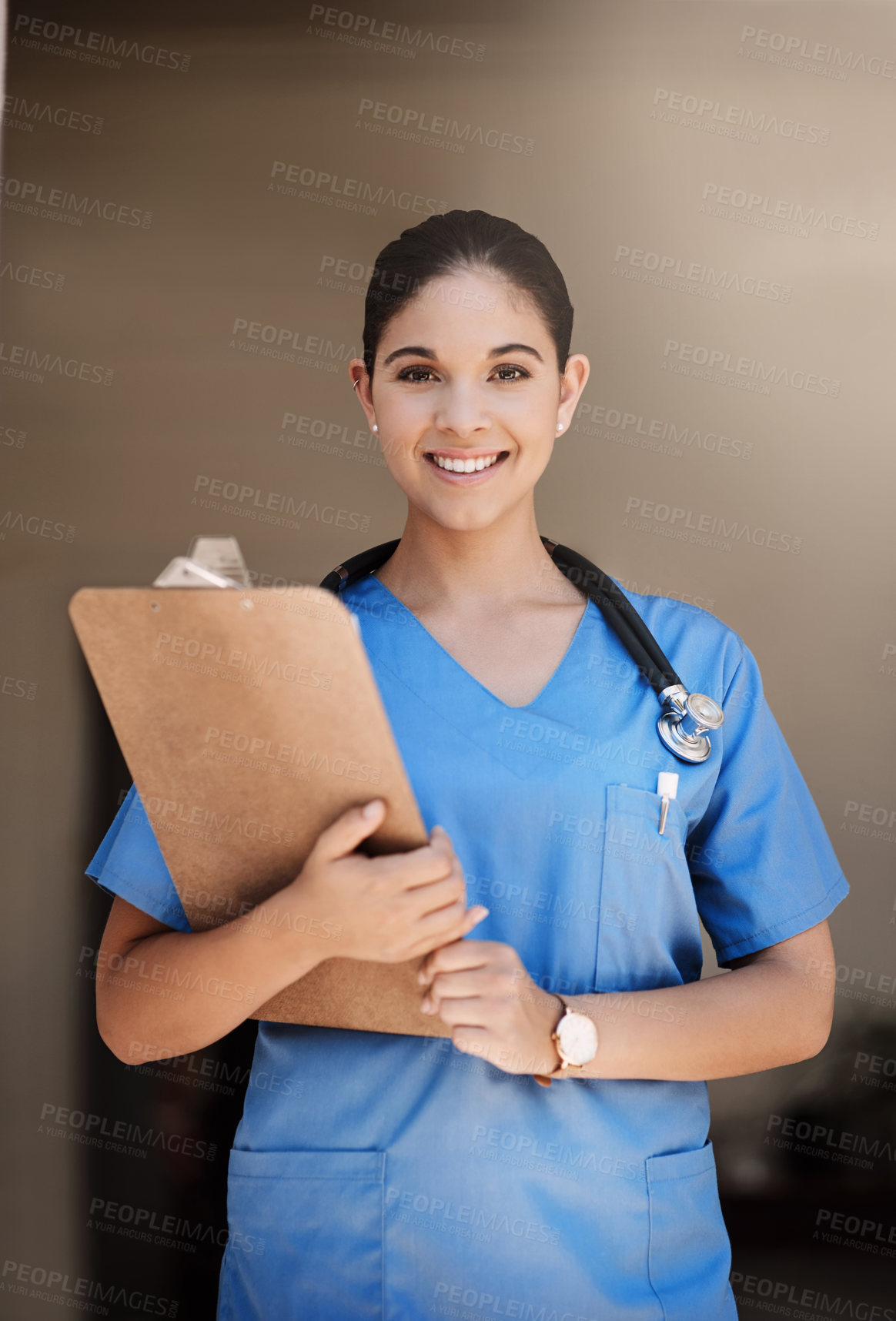 Buy stock photo Clipboard, portrait and happy woman doctor with healthcare service, hospital management and nursing. Face, smile and professional nurse or medical person with checklist for clinic career and mindset